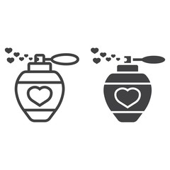 Love perfume with hearts line and glyph icon, valentines day and romantic, love sign vector graphics, a linear pattern on a white background, eps 10.