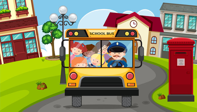 Children riding on schoolbus in neighborhood