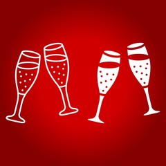 Two glasses of champagne line and glyph icon, valentines day and romantic, celebrate sign vector graphics, a linear pattern on a red background, eps 10.