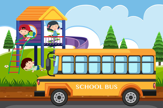 Scene with children playing in park and school bus