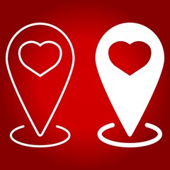 Map pointer with heart line and glyph icon, valentines day and romantic, love pin sign vector graphics, a linear pattern on a red background, eps 10.