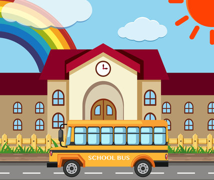 School scene with building and bus