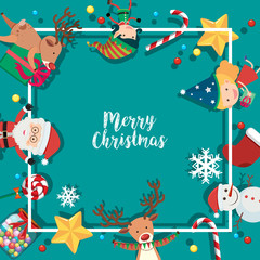 Obraz premium Border template with christmas characters on blue background