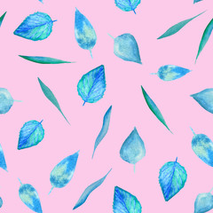 Obraz premium Seamless pattern with watercolor blue leaves on pink background