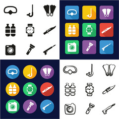 Diving Gear All in One Icons Black & White Color Flat Design Freehand Set