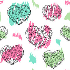 Seamless vector pattern with triangular hearts and blots.