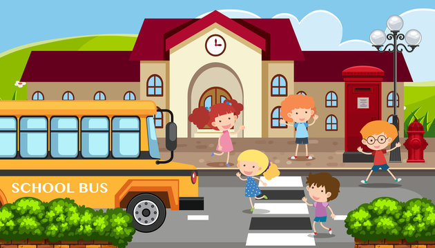 School scene with children and school bus