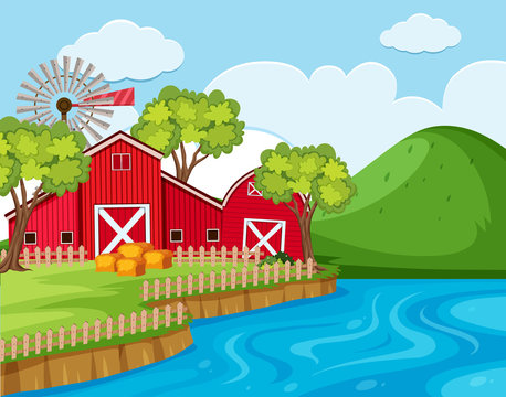 Farm scenes with red barns by the river
