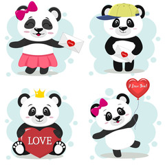 A set of cute pandas on Valentine's Day in the style of a cartoon.