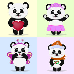Obraz na płótnie Canvas A set of cute panda characters in different images in the style of a cartoon.