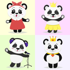 A set of cute panda characters in different images in the style of a cartoon.