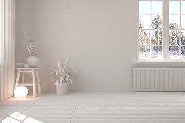 White empty room with winter landscape in window. Scandinavian interior design. 3D illustration