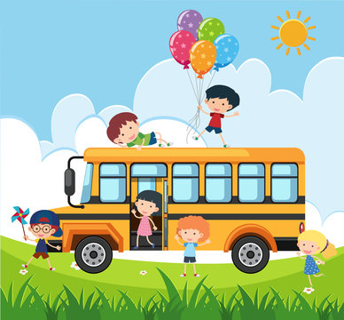 Happy children on school bus