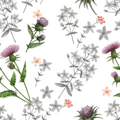 Watercolor vector seamless pattern with flowers and branches.
