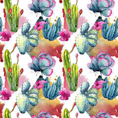 Exotic wildflower cactus pattern in a watercolor style. Full name of the plant: cactus. Aquarelle wild flower for background, texture, wrapper pattern, frame or border.