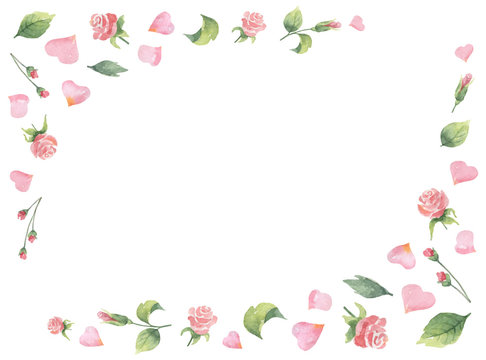 Watercolor vector frame from green leaves, flowers roses and hearts isolated on a white background.
