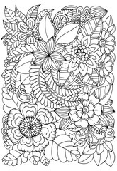 Black and white flower pattern for adult coloring book. Doodle floral drawing. Art therapy coloring page.