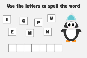Use the letters to spell the word, penguin in cartoon style, educational spelling scramble game for the development of children, kids preschool activity, printable worksheet, vector illustration