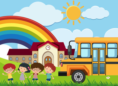 Kids and schoolbus in front of school