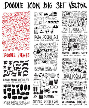 MEGA set of doodles vector. Collection of heart, ribbon, speech, info, business, summer travel, party, music, sport, wedding eps10