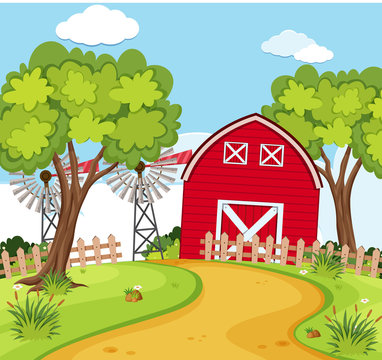Farm scene with small barn and turbines