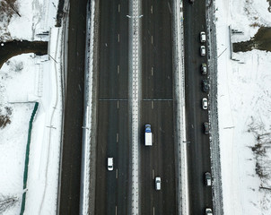 Aerial view of winter snowy road in Moscow