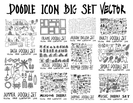 MEGA set of doodles vector. Collection of Data, Frame, Arrow, Party, Summer, House, Wedding, Business, Shopping, Sport, Music eps10