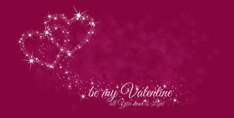 Valentine's Day - the inscription Be My Valentine on a pink background with two connected hearts formed of shining stars - diamonds