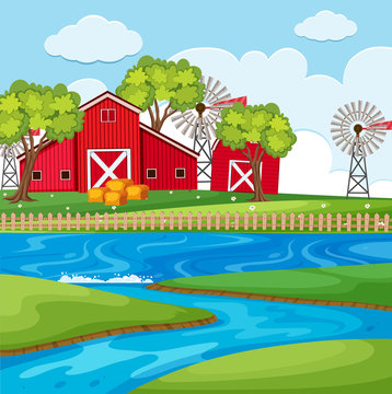 Farm scene with river and barns