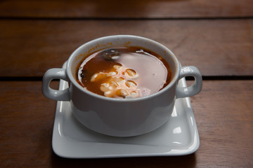 Homemade meat soup, Solyanka or saltwort.