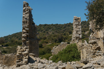 Ruins of a medieval structure on a hill among trees