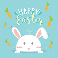 Happy Easter greeting card with white rabbit and carrot  on green pastel background.