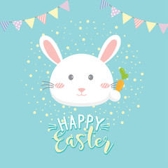 Happy Easter party poster, Invitation card with rabbit hold carrot.