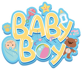 Font design for word baby boy with baby and toys