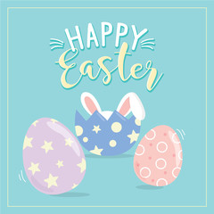 Happy Easter greeting card with white rabbit and beautiful eggs elements on green pastel background.