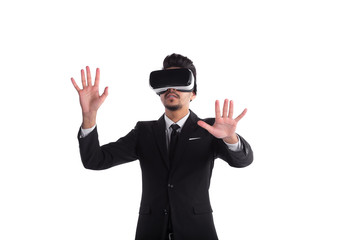 Young man in suit and 3d glasses isolated on white background.