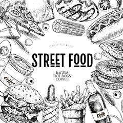 Hand drawn fast food banner. Street food bakery. Burger, hot dog, french fries, pizza, coffee, soda, bagel, donut, waffel. engraved vector illustration. restaurant, menu street food flyer poster