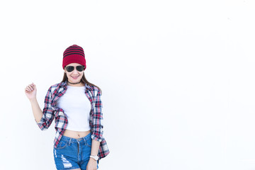 Portrait of beautiful asian hipster girl on white background,Lifestyle of modern woman,Thailand happy woman concept