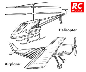 RC transport, remote control models. toys design elements for emblems, icon. helicopter and aircraft or plane. revival radios tuner broadcasting system. Innovative technologies. engraved hand drawn.