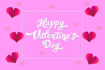 Happy Valentine's Day in frame. Lettering on a pink background with paper hearts.