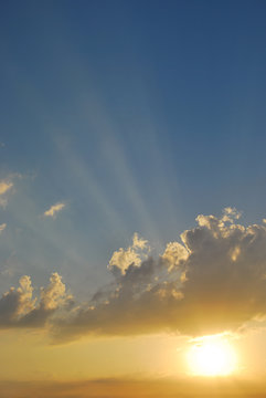 Sunrise with a big bright sun in Blue Sky overlay