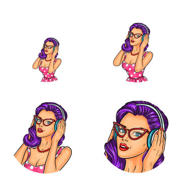 Vector set of female round avatars for users of social networks, blogs, profile icons in pop art style. Pretty pin up girl with violet hair, in glasses and headphones listens to music and enjoys it