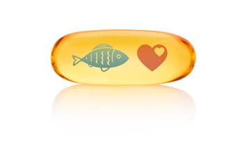 Omega 3 capsule - with fish and heart icon - isolated on white background