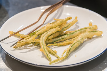 vegetable fritters with peanut sweet sauce, thai cuisine