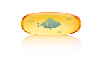 Omega 3 capsule - with fish icon - isolated on white background