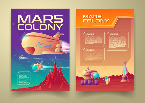 Vector mars colonization banner infographics template set. Solar system galaxy exploration red planet terraforming colony mission concept. Illustration space station shuttle spaceship astronaut, rover