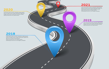 Vector company corporate milestone, history timeline, business presentation layout, infographic strategic plan workflow, grey background. Car road with marks, years, pointers, concept template