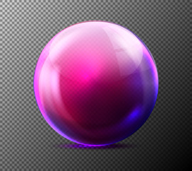 Vector realistic glass purple sphere. Glossy empty crystal globe, bubble, pearl with reflections, grey transparent background illustration. Shiny 3d magic abstract circle orb for decoration design.
