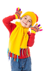 Fototapeta na wymiar Funny girl in colorful winter clothes showing joke