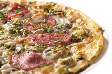 Tasty pizza with sausage and mushrooms